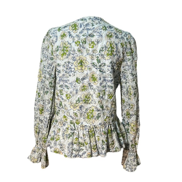 7 For All Mankind Large Ruffle Eyelet Long Sleeve Peplum Blue Floral Blouse - Picture 7 of 7